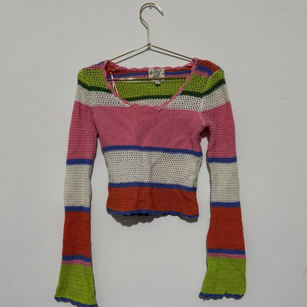 Hippie Rose Pink and White V-Neck Sweater